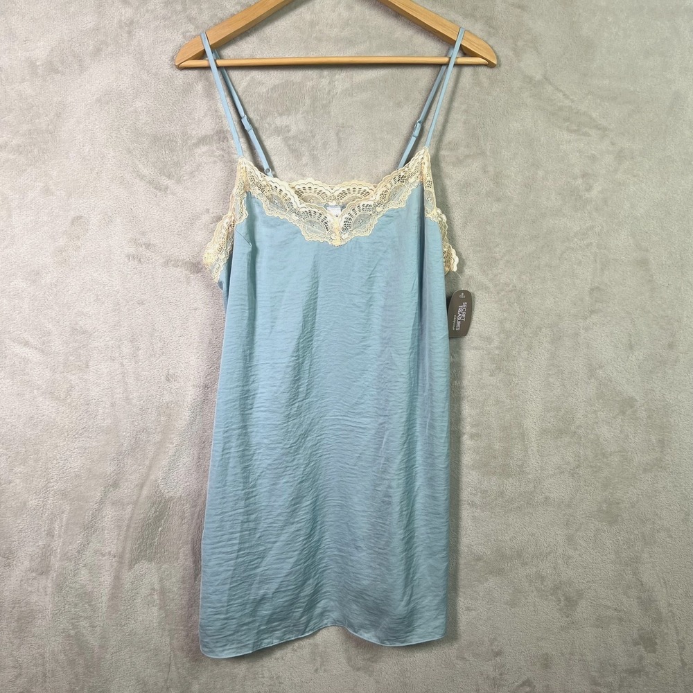 NWT‎ Secret Treasures Satin Lace Trim Slip Dress L Cloud Blue Chemise Coquette